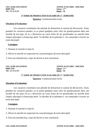 Première page de Français 5e — 1re production scolaire, 1er semestre (2018-2019) · CEG AGBLANGANDAN