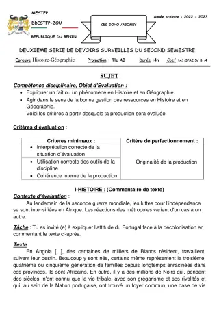 Première page de Histoire-Géographie Tle A & B — 2e devoir surveillé, 2e semestre (2022-2023) · CEG GOHO