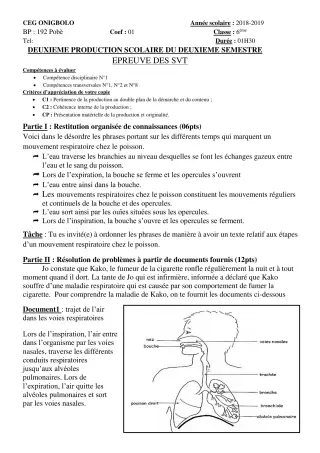 Première page de SVT 6e — 2e production scolaire, 2e semestre (2018-2019) · CEG ONIGBOLO