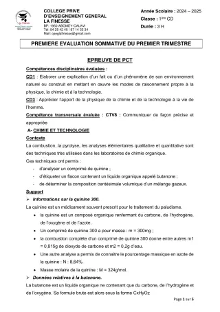 Première page de PCT 1ère C, 1ère D — 1re évaluation sommative, 1er trimestre (2024-2025) · CPEG La Finesse