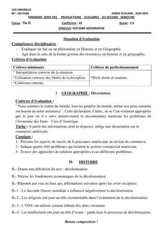 Première page de Histoire-Géographie Tle D — Production scolaire, 2e semestre (2020-2021) · CEG ONIGBOLO