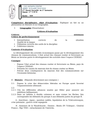 Première page de Histoire-Géographie 1ère C, 1ère D — 2e devoir surveillé, 1er semestre (2019-2020) · CEG 1 Akpakpa-Centre