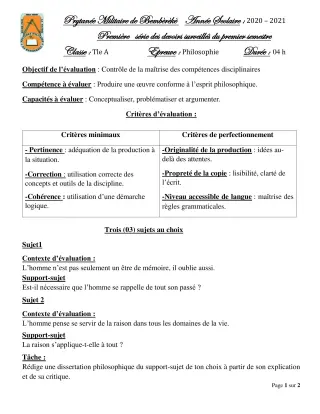 Première page de Philosophie Tle A — 1er devoir surveillé, 1er semestre (2020-2021) · PMB