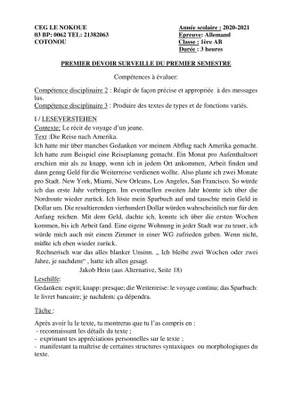 Première page de Allemand 1ère A1, 1ère A2, 1ère B — 1er devoir surveillé, 1er semestre (2021-2022) · CEG LE NOKOUE