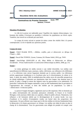 Première page de Français 1ère A & B — 2e évaluation sommative, 1er semestre (2022-2023) · CEG2 ABOMEY - CALAVI (CEG ZOCA)