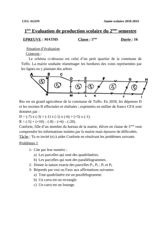 Première page de Mathématiques 5e — 1re production scolaire, 2e semestre (2018-2019) · CEG Agon