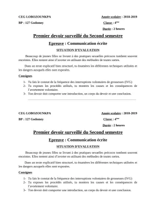 Première page de Français 4e — 1er devoir surveillé, 2e semestre (2018-2019) · CEG Lobozounkpa