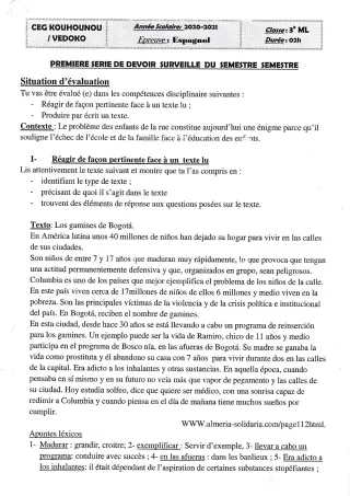 Première page de Espagnol 3e ML — Devoir surveillé (2020-2021) · CEG Kouhounou-Vêdoko