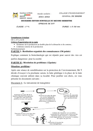 Première page de SVT 1ère A2 — 2e devoir surveillé, 2e semestre (2021-2022) · CEG SEKERE