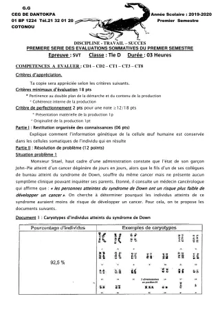 Première page de SVT Tle D — 1re évaluation sommative, 1er semestre (2019-2020) · CEG Dantokpa
