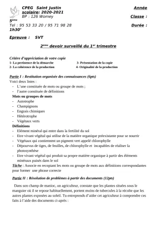 Première page de SVT 5e — 2e devoir surveillé, 1er trimestre (2020-2021) · CPEG SAINT Justin
