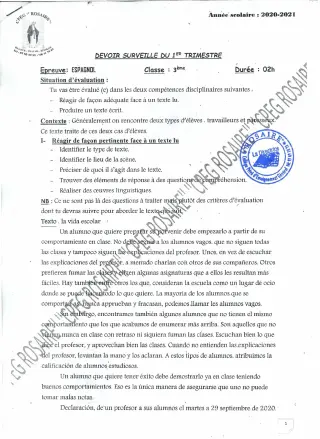 Première page de Espagnol 3e, 3e ML — Devoir surveillé, 1er trimestre (2020-2021) · CPEG ROSAIRE
