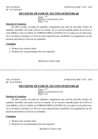 Première page de Français 5e — 2e devoir surveillé, 2e semestre (2019-2020) · CEG Attogon