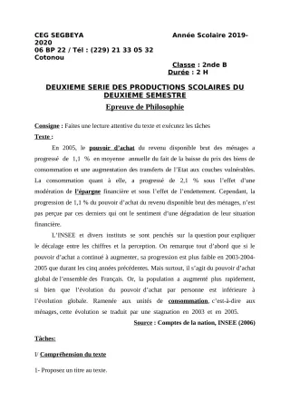 Première page de Philosophie 2nde B — 2e production scolaire, 2e semestre (2019-2020) · CEG SEGBEYA