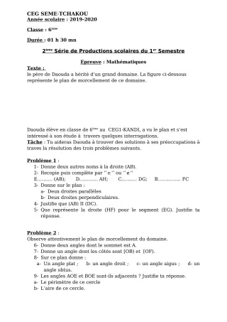 Première page de Mathématiques 6e, 5e, 4e, 3e — 2e production scolaire, 1er semestre (2019-2020) · CEG Sème tchakou