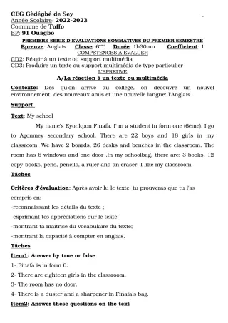 Première page de Anglais 6e, 5e, 4e, 3e, 2nde A2, 2nde D, 1ère A2, 1ère D, Tle A1, Tle A2, Tle D — Évaluation sommative, 1er semestre (2022-2023) · CEG GBEDEGBE de SEY