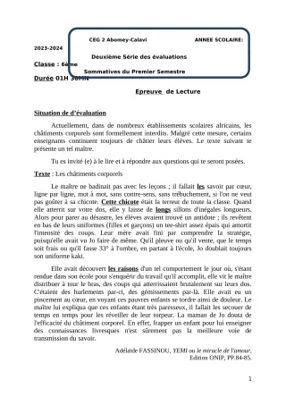 Première page de Français 6e — 2e évaluation sommative, 1er semestre (2023-2024) · CEG2 ABOMEY - CALAVI (CEG ZOCA)
