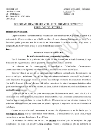 Première page de Français 3e, 3e ML — 2e devoir surveillé, 1er semestre (2020-2021) · CEG FIYEGNON