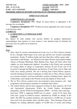 Première page de Anglais Tle C, Tle D — 1er devoir surveillé, 1er semestre (2019-2020) · CEG du Lac