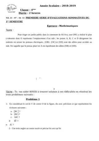 Première page de Mathématiques 4e, 2nde A1, 2nde A2, 1ère A1, 1ère A2, 1ère B, 1ère D — Évaluation sommative, 1er semestre (2018-2019) · CEG Sô-Ava
