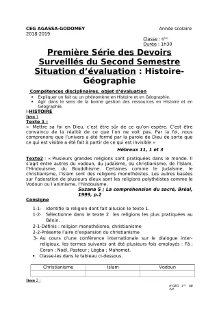 Première page de Histoire-Géographie 6e, 5e, 4e, 4e ML, 3e ML, 2nde A & B, 2nde C, 2nde D, 1ère A, 1ère B, 1ère C, 1ère D, Tle A2, Tle B, Tle C, Tle D — 1er devoir surveillé, 2e semestre (2018-2019) · CEG Agassa Godom