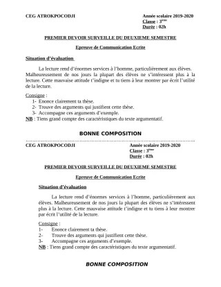 Première page de Français 3e — 1er devoir surveillé, 2e semestre (2019-2020) · CEG ATROKPOCODJI