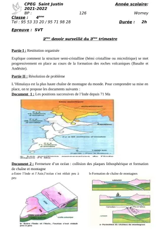 Première page de SVT 4e — 2e devoir surveillé, 3e trimestre (2021-2022) · CPEG SAINT Justin