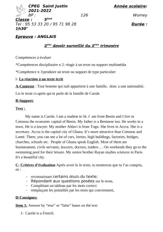 Première page de Anglais 5e, 1ère A2, 1ère B, 1ère C, 1ère D — 2e devoir surveillé, 2e trimestre (2021-2022) · CPEG SAINT Justin