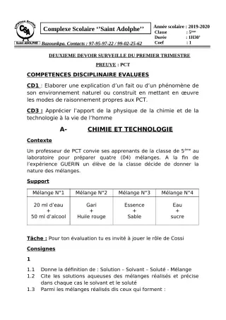 Première page de PCT 6e, 5e, 4e, 4e ML, 3e, 3e ML — 2e devoir surveillé, 1er trimestre (2019-2020) · CPEG Saint Adolphe