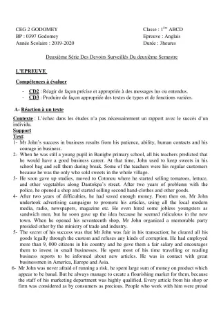 Première page de Anglais 1ère A2, 1ère B, 1ère C, 1ère D, 1ère EFS — 2e devoir surveillé, 2e semestre (2019-2020) · CEG2 Godomey