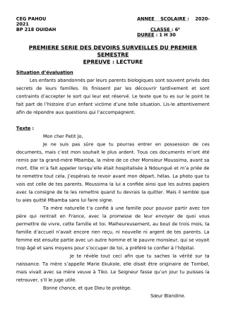 Première page de Français 6e — 1er devoir surveillé, 1er semestre (2020-2021) · CEG PAHOU
