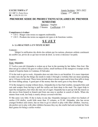 Première page de Anglais 1ère A, 1ère A1, 1ère A2, 1ère B, 1ère C, 1ère D — 1re production scolaire, 1er semestre (2021-2022) · Lycée Toffa 1er