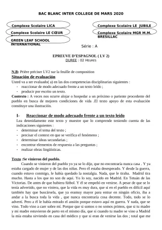 Première page de Espagnol Tle A2 — Composition (2019-2020) · CPEG LICA