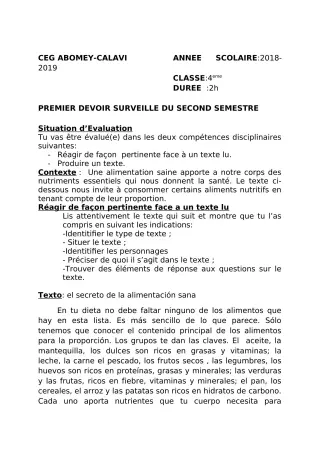Première page de Espagnol 4e ML — 1er devoir surveillé, 2e semestre (2018-2019) · CEG2 ABOMEY - CALAVI (CEG ZOCA)