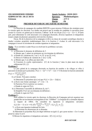Première page de Mathématiques 2nde C — 1er devoir surveillé, 2e semestre (2020-2021) · CEG Kouhounou-Vêdoko