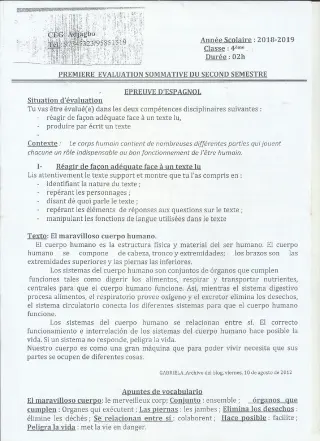Première page de Espagnol 4e ML — 1re évaluation sommative, 2e semestre (2018-2019) · CEG ADJAGBO