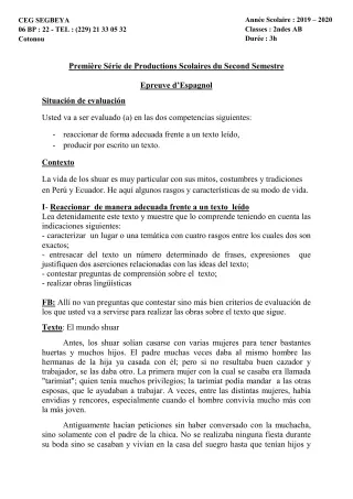 Première page de Espagnol 2nde A & B — 1re production scolaire, 2e semestre (2019-2020) · CEG SEGBEYA