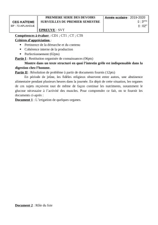 Première page de SVT 3e, 3e ML — 1er devoir surveillé, 1er semestre (2019-2020) · CEG Kaïtèmè