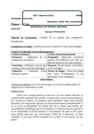 Première page de Philosophie 2nde D — 2e évaluation sommative, 1er semestre (2023-2024) · CEG2 ABOMEY - CALAVI (CEG ZOCA)