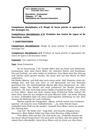 Première page de Allemand 1ère A & B — 2e semestre (2022-2023) · CEG2 ABOMEY - CALAVI (CEG ZOCA)