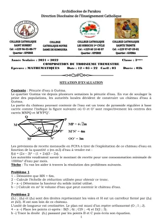Première page de Mathématiques 3e — Composition, 3e trimestre (2021-2022) · Hibiscus 1er cycle