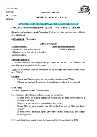 Première page de Histoire-Géographie 6e, 5e, 4e, 4e ML, 3e, 3e ML, 2nde A & B, 2nde A1, 2nde A2, 2nde B, 2nde C, 1ère A1, 1ère A2, 1ère B, 1ère C, 1ère D, Tle A1, Tle A2, Tle B, Tle C, Tle D — 2e devoir surveillé, 1er