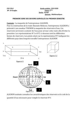 Première page de Mathématiques 3e, 3e ML — 1er devoir surveillé, 1er semestre (2019-2020) · CEG COLLI