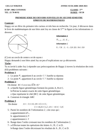 Première page de Mathématiques 5e — 1er devoir surveillé, 2e semestre (2020-2021) · CEG LE NOKOUE