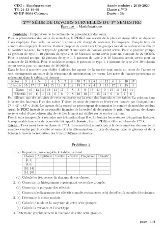 Première page de Mathématiques 1ère D — 2e devoir surveillé, 1er semestre (2019-2020) · CEG 1 Akpakpa-Centre