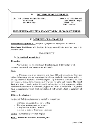 Première page de Anglais 6e, 5e, 4e, 4e ML, 3e, 3e ML, 2nde A2, 2nde B, 2nde C, 2nde D, 1ère A2, 1ère B, 1ère C, 1ère D, Tle A2, Tle B, Tle C, Tle D — 1re évaluation sommative, 2e semestre (2020-2021) · CEG Tankpè