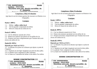 Première page de Histoire-Géographie 6e, 5e, 4e, 4e ML, 3e, 3e ML — 2e devoir surveillé, 1er semestre (2019-2020) · CEG BADEKPAROU