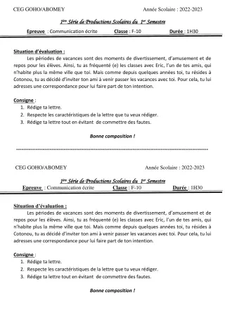 Première page de Français 6e — 1re production scolaire, 1er semestre (2022-2023) · CEG GOHO