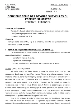 Première page de Espagnol 3e — 2e devoir surveillé, 1er semestre (2022-2023) · CEG PAHOU