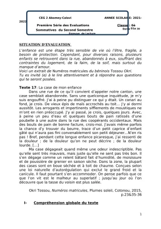 Première page de Français 6e — 1re évaluation sommative, 2e semestre (2021-2022) · CEG2 ABOMEY - CALAVI (CEG ZOCA)